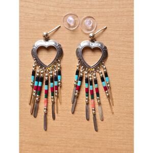 QT Quoc Turquoise Sterling Sliver Southwestern Heart Concho Drop Earrings